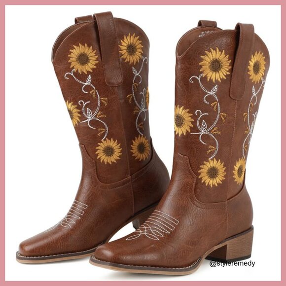 Faux Leather Mid Calf Cowboy Boots with Sunflower Embroidery, Square Toe - Picture 6 of 7